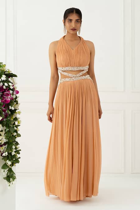 NIDHIKA SHEKHAR_Pink Georgette Embroidery V Neck Halter Gown _Online_at_Aza_Fashions