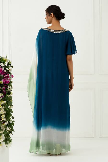 Shop Nidhika Shekhar Blue Georgette Boat Ombre Kaftan at Aza Fashions Shop_Nidhika Shekhar_Blue Georgette Boat Ombre Kaftan _at_Aza_Fashions