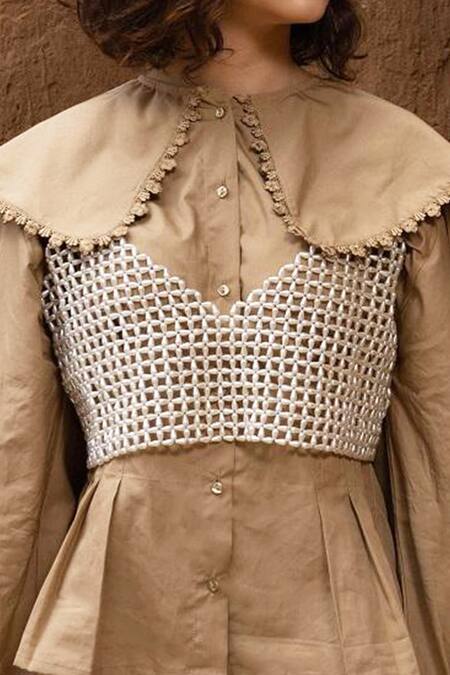 Nidzign Couture_White Embellished V Neck Perle Beaded Crop Top_Online_at_Aza_Fashions