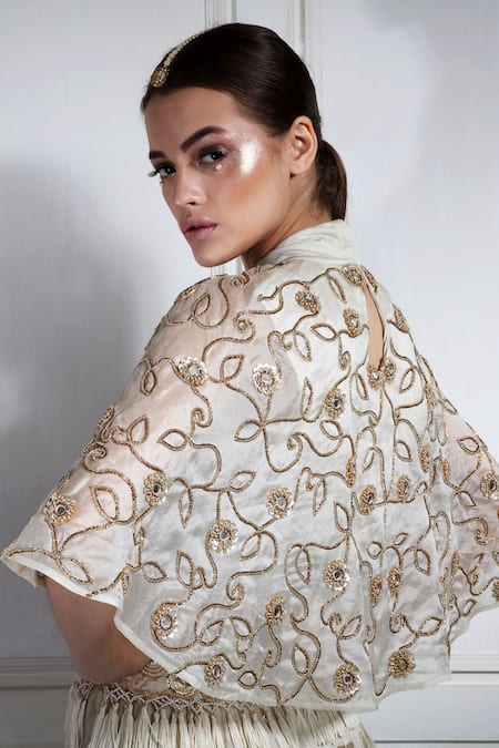 Shop_Nidzign Couture_White Organza, Chanderi Halter Embellished Cape Top And Skirt Set _at_Aza_Fashions