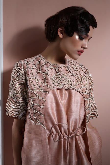 Shop_Nidzign Couture_Peach Raw Silk Embroidery Round Layered Tie-up Jumpsuit _at_Aza_Fashions