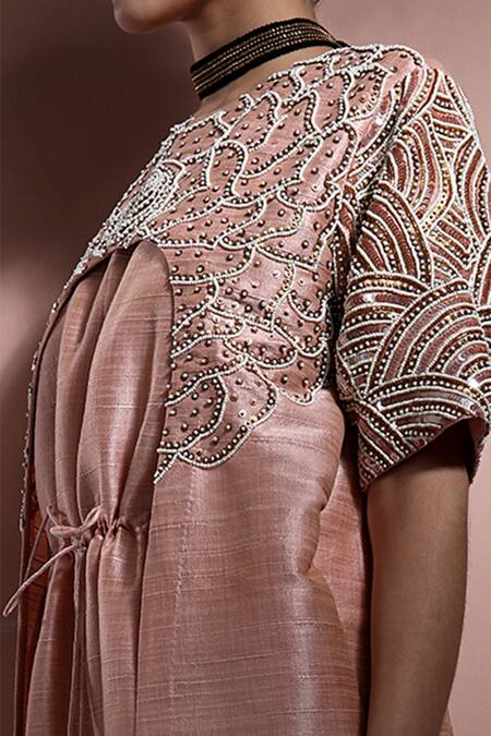 Nidzign Couture_Peach Raw Silk Embroidery Round Layered Tie-up Jumpsuit _Online_at_Aza_Fashions