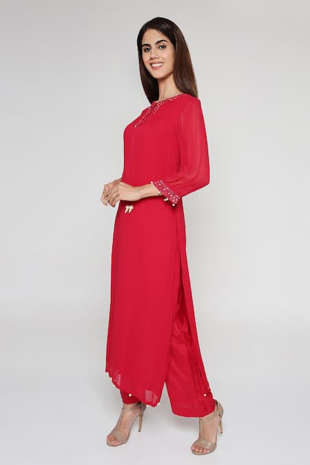 Buy Bha Sha Pink Georgette, Silk, Net Pearls Turtle Niesha Embroidered Long Kurta Pant Set Online at Aza Fashions Buy_Bha Sha_Pink Georgette, Silk, Net Pearls Turtle Niesha Embroidered Long Kurta Pant Set _Online_at_Aza_Fashions