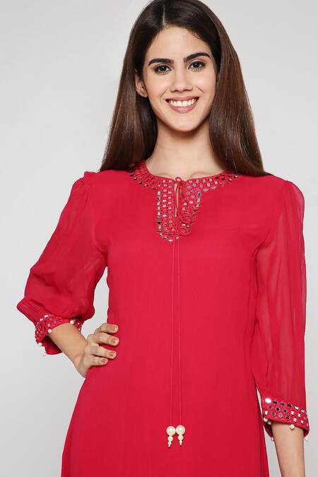 Shop Bha Sha Pink Georgette, Silk, Net Pearls Turtle Niesha Embroidered Long Kurta Pant Set Online at Aza Fashions Shop_Bha Sha_Pink Georgette, Silk, Net Pearls Turtle Niesha Embroidered Long Kurta Pant Set _Online_at_Aza_Fashions