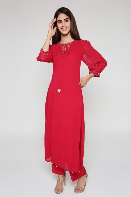 Bha Sha Pink Georgette, Silk, Net Pearls Turtle Niesha Embroidered Long Kurta Pant Set Online at Aza Fashions Bha Sha_Pink Georgette, Silk, Net Pearls Turtle Niesha Embroidered Long Kurta Pant Set _Online_at_Aza_Fashions