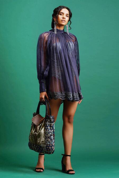 Nidhi Yasha Blue Viscose Embroidery High Sheer Dress With Belt Online at Aza Fashions Nidhi Yasha_Blue Viscose Embroidery High Sheer Dress With Belt _Online_at_Aza_Fashions