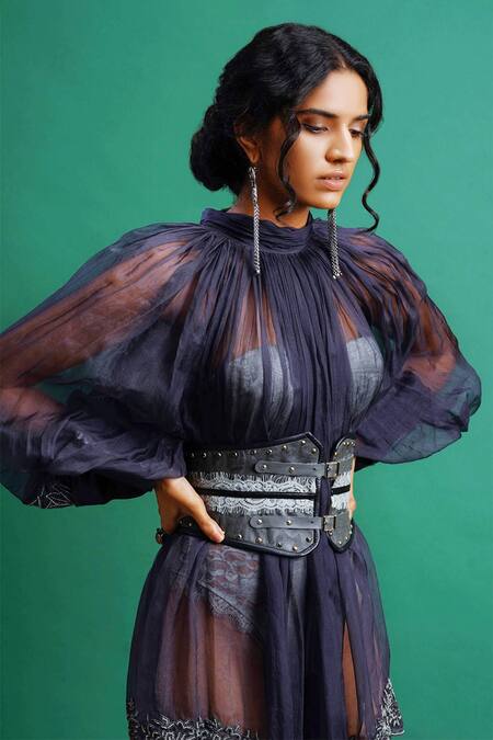 Shop Nidhi Yasha Blue Viscose Embroidery High Sheer Dress With Belt Online at Aza Fashions Shop_Nidhi Yasha_Blue Viscose Embroidery High Sheer Dress With Belt _Online_at_Aza_Fashions