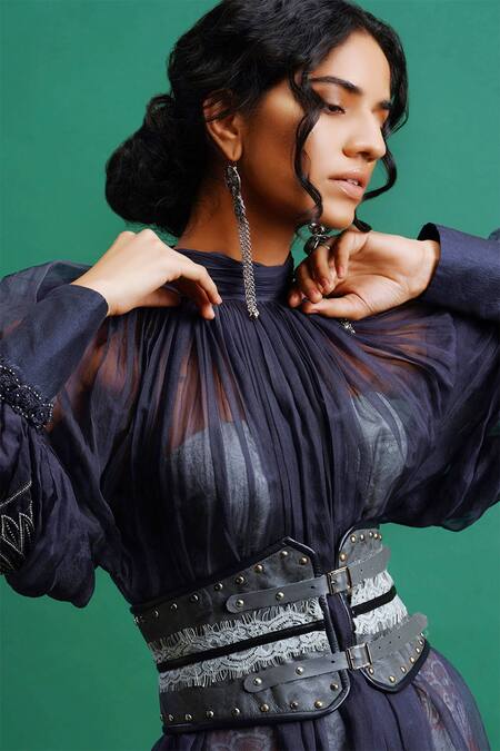 Nidhi Yasha Blue Viscose Embroidery High Sheer Dress With Belt at Aza Fashions Nidhi Yasha_Blue Viscose Embroidery High Sheer Dress With Belt _at_Aza_Fashions