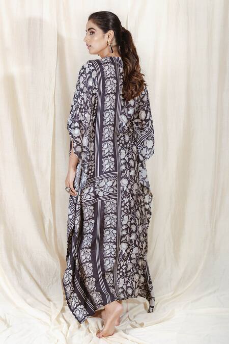 Shop The Boozy Button Black Moroccan Silk Digital Print V Neck Nightingale Kaftan at Aza Fashions Shop_The Boozy Button_Black Moroccan Silk Digital Print V Neck Nightingale Kaftan_at_Aza_Fashions