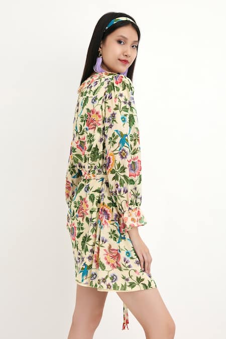 Nikasha_Beige 100% Silk, Lining 100% Chintz Floral Hand Painted Dress _Online_at_Aza_Fashions