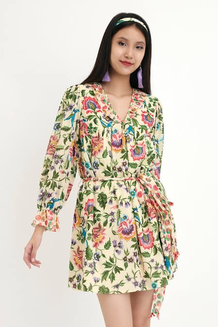 Buy_Nikasha_Beige 100% Silk, Lining 100% Chintz Floral Hand Painted Dress _Online_at_Aza_Fashions