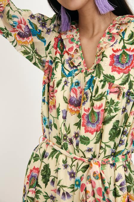 Nikasha_Beige 100% Silk, Lining 100% Chintz Floral Hand Painted Dress _at_Aza_Fashions