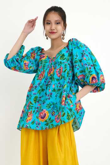 Buy_Nikasha_Blue 100% Cotton Chintz Motif V Neck Dress _Online_at_Aza_Fashions