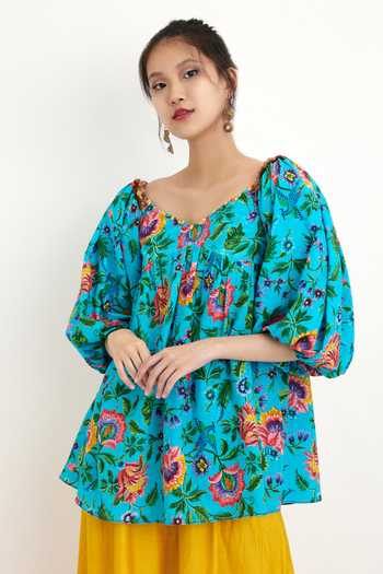 Shop_Nikasha_Blue 100% Cotton Chintz Motif V Neck Dress _Online_at_Aza_Fashions