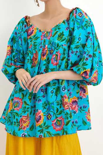 Nikasha_Blue 100% Cotton Chintz Motif V Neck Dress _at_Aza_Fashions