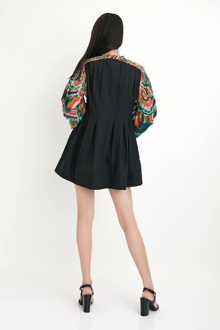 Shop Nikasha Black 100% Cotton Wave Motifs Notched Puff Sleeve Dress at Aza Fashions Shop_Nikasha_Black 100% Cotton Wave Motifs Notched Puff Sleeve Dress _at_Aza_Fashions