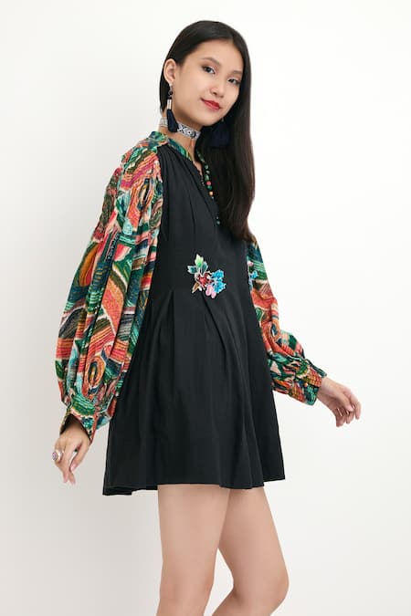 Nikasha Black 100% Cotton Wave Motifs Notched Puff Sleeve Dress Online at Aza Fashions Nikasha_Black 100% Cotton Wave Motifs Notched Puff Sleeve Dress _Online_at_Aza_Fashions