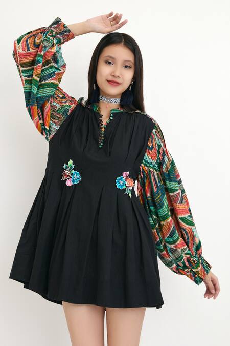 Buy Nikasha Black 100% Cotton Wave Motifs Notched Puff Sleeve Dress Online at Aza Fashions Buy_Nikasha_Black 100% Cotton Wave Motifs Notched Puff Sleeve Dress _Online_at_Aza_Fashions