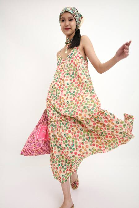 Buy_Nikasha_Beige Polka Dots V Neck Cotton Silk Maxi Dress _Online_at_Aza_Fashions