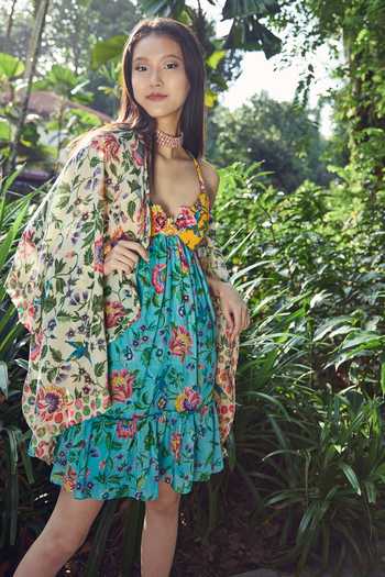 Nikasha_Beige 100% Cotton Silk Chintz And Polka Dots Hand Painted Cape _Online_at_Aza_Fashions