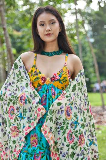 Buy_Nikasha_Beige 100% Cotton Silk Chintz And Polka Dots Hand Painted Cape _Online_at_Aza_Fashions