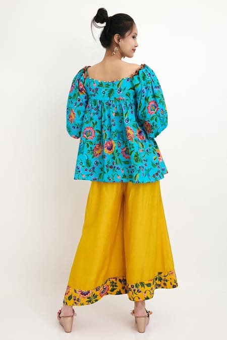 Shop Nikasha Yellow Chintz Silk Floral Motif Palazzo at Aza Fashions Shop_Nikasha_Yellow Chintz Silk Floral Motif Palazzo _at_Aza_Fashions