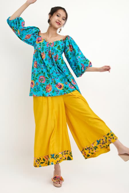 Nikasha Yellow Chintz Silk Floral Motif Palazzo Online at Aza Fashions Nikasha_Yellow Chintz Silk Floral Motif Palazzo _Online_at_Aza_Fashions