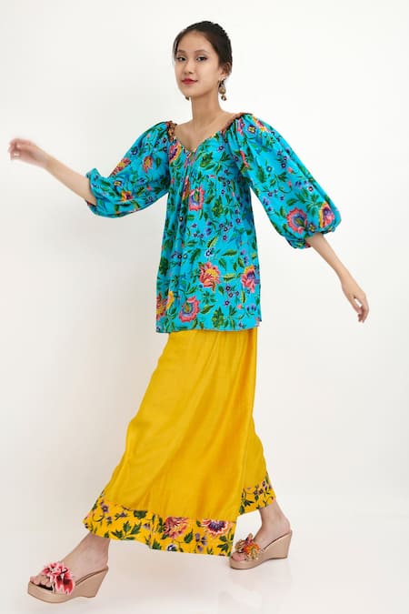 Buy Nikasha Yellow Chintz Silk Floral Motif Palazzo Online at Aza Fashions Buy_Nikasha_Yellow Chintz Silk Floral Motif Palazzo _Online_at_Aza_Fashions