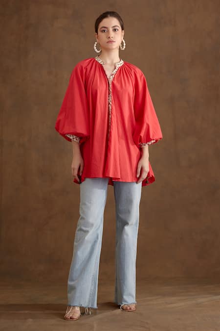 Buy_Nikasha_Coral Cotton Mirrors, Tassels Round Neck Balloon Sleeve Shirt Dress _Online_at_Aza_Fashions