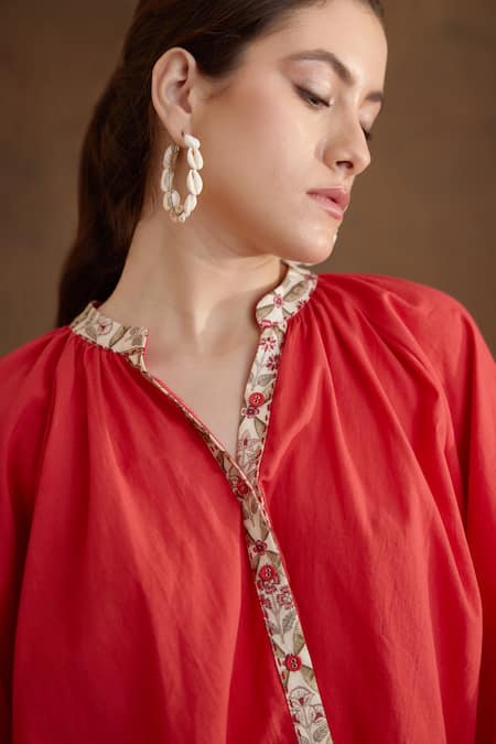 Shop_Nikasha_Coral Cotton Mirrors, Tassels Round Neck Balloon Sleeve Shirt Dress _Online_at_Aza_Fashions