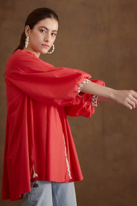 Nikasha_Coral Cotton Mirrors, Tassels Round Neck Balloon Sleeve Shirt Dress _at_Aza_Fashions