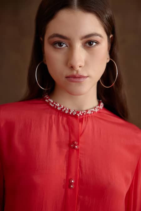 Nikasha_Coral Viscose Beads, Mirrors Round Neck Embroidered Collar Shirt _at_Aza_Fashions