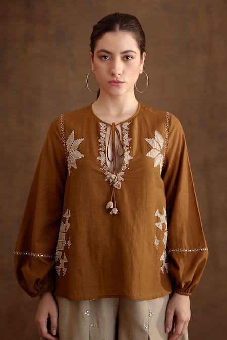Shop_Nikasha_Brown Cotton, Silk Beads, Tassels Keyhole Neck Applique Embroidered Top _Online_at_Aza_Fashions