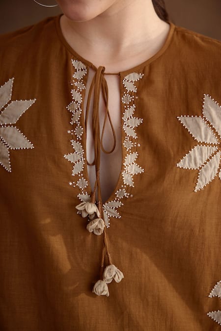 Nikasha_Brown Cotton, Silk Beads, Tassels Keyhole Neck Applique Embroidered Top _at_Aza_Fashions