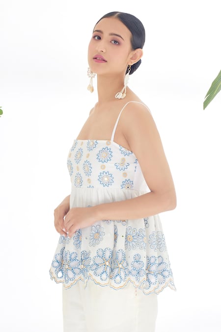 Buy_Nikasha_Ivory 100% Cotton Floral, Mirror Square Neck Embroidered Peplum Top _Online_at_Aza_Fashions