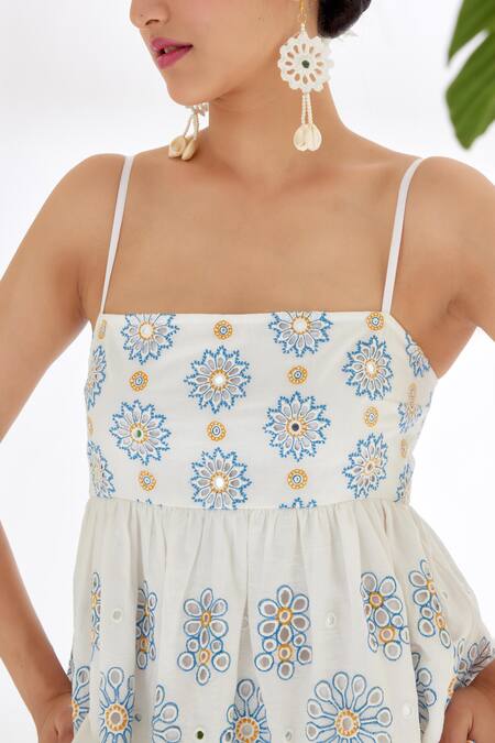 Nikasha_Ivory 100% Cotton Floral, Mirror Square Neck Embroidered Peplum Top _at_Aza_Fashions