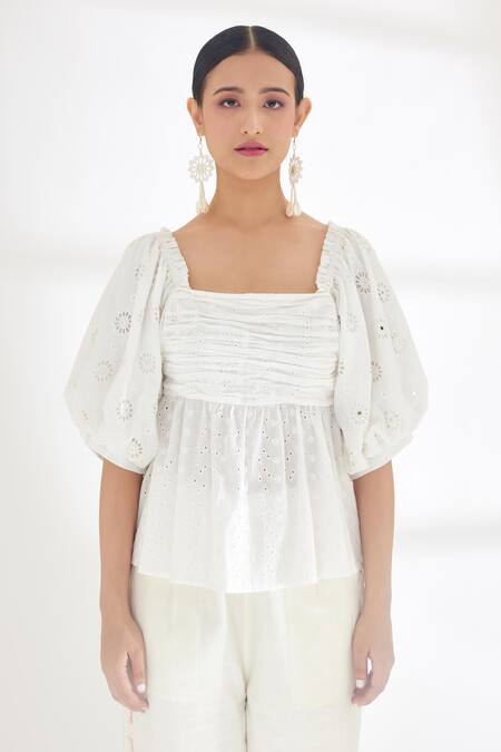 Nikasha_Ivory 100% Cotton Mirror Square Neck Top _Online_at_Aza_Fashions