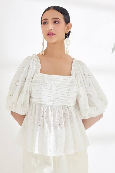 Buy_Nikasha_Ivory 100% Cotton Mirror Square Neck Top _Online_at_Aza_Fashions