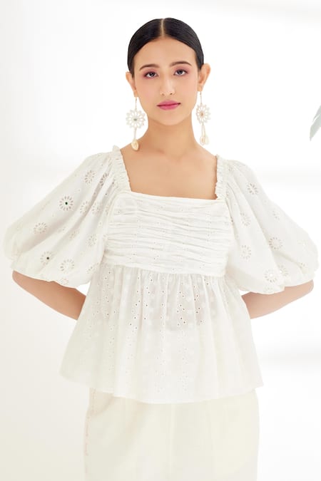 Nikasha_Ivory 100% Cotton Mirror Square Neck Top _at_Aza_Fashions