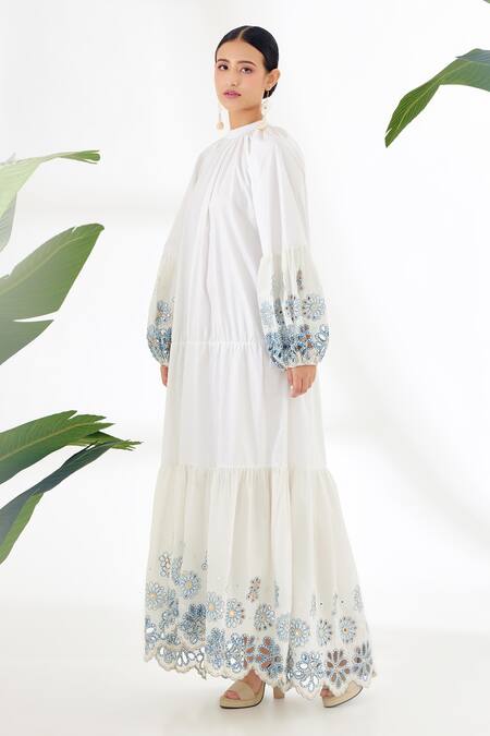 Nikasha_Ivory Cotton Poplin Mirror Round High Neck Schiffli Tiered Dress _Online_at_Aza_Fashions