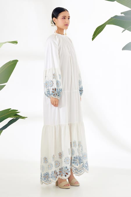 Buy_Nikasha_Ivory Cotton Poplin Mirror Round High Neck Schiffli Tiered Dress _Online_at_Aza_Fashions