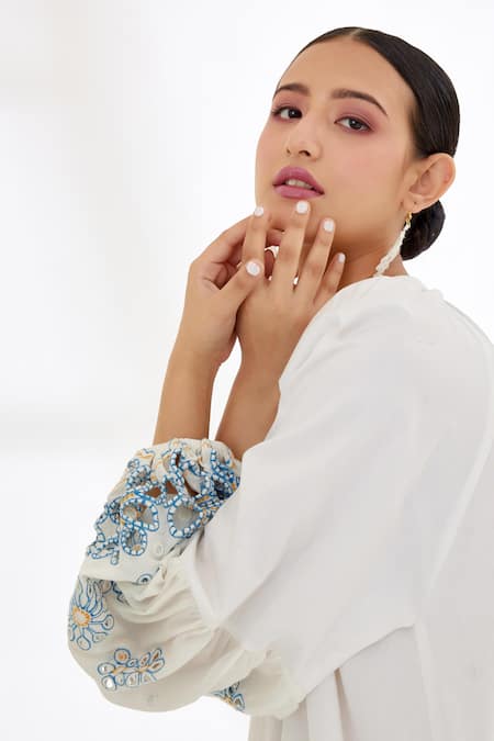 Shop_Nikasha_Ivory Cotton Poplin Mirror Round High Neck Schiffli Tiered Dress _Online_at_Aza_Fashions