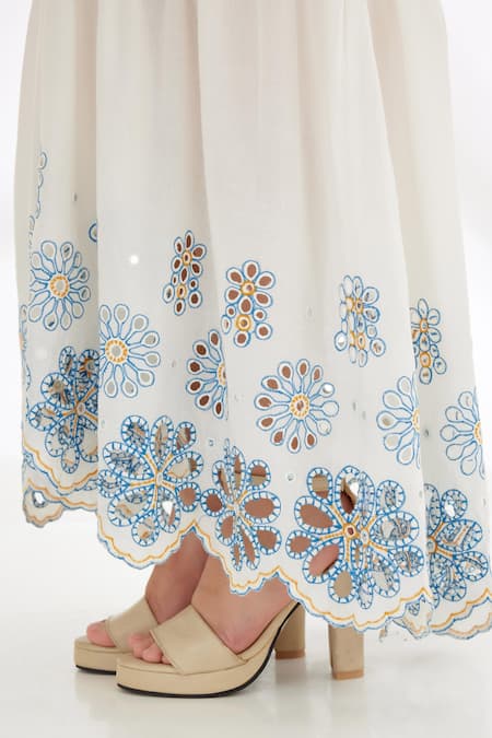 Nikasha_Ivory Cotton Poplin Mirror Round High Neck Schiffli Tiered Dress _at_Aza_Fashions