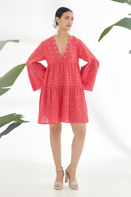 Buy_Nikasha_Fuchsia 100% Cotton Mirror Scallop V Neck Bell Sleeve Tiered Dress _Online_at_Aza_Fashions