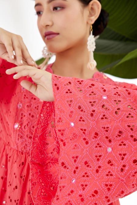 Nikasha_Fuchsia 100% Cotton Mirror Scallop V Neck Bell Sleeve Tiered Dress _at_Aza_Fashions