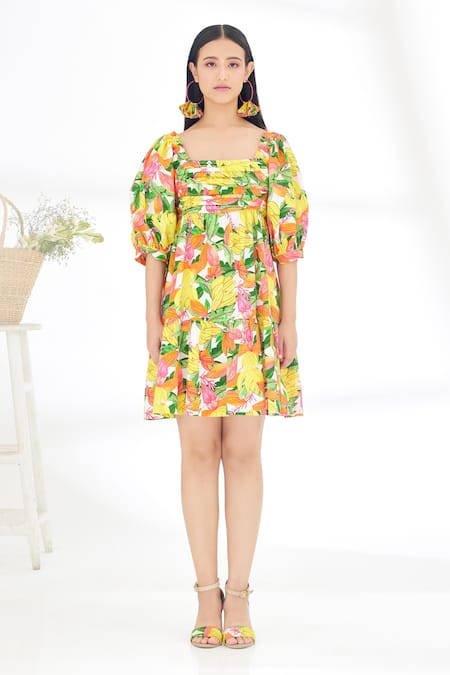 Nikasha_Yellow Cotton Poplin Banana, Fruit Square Neck Bubble Sleeve Hand Painted Dress _Online_at_Aza_Fashions