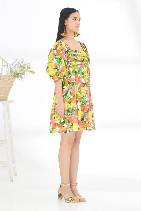 Shop_Nikasha_Yellow Cotton Poplin Banana, Fruit Square Neck Bubble Sleeve Hand Painted Dress _Online_at_Aza_Fashions
