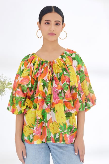 Nikasha_Yellow 100% Cotton Banana, Fruit Round Hand Painted Front Knot Top _Online_at_Aza_Fashions