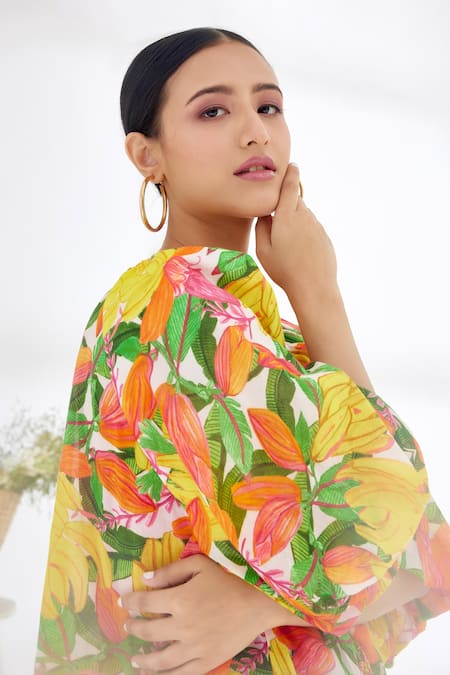 Buy_Nikasha_Yellow 100% Cotton Banana, Fruit Round Hand Painted Front Knot Top _Online_at_Aza_Fashions