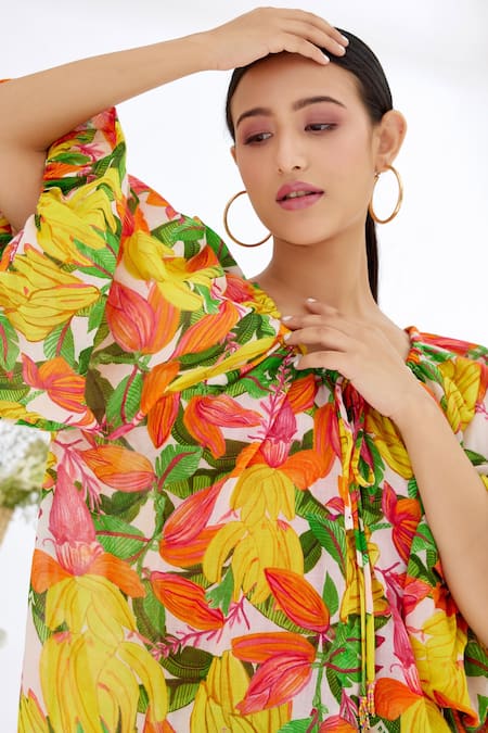 Shop_Nikasha_Yellow 100% Cotton Banana, Fruit Round Hand Painted Front Knot Top _Online_at_Aza_Fashions